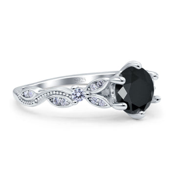 Vintage Style Round Bridal Engagement Ring Marquise Design Simulated Black CZ 925 Sterling Silver